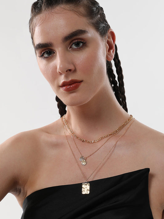 The Dented Charm Multi-Layer Necklace - Antique Gold-SOHINC6045
