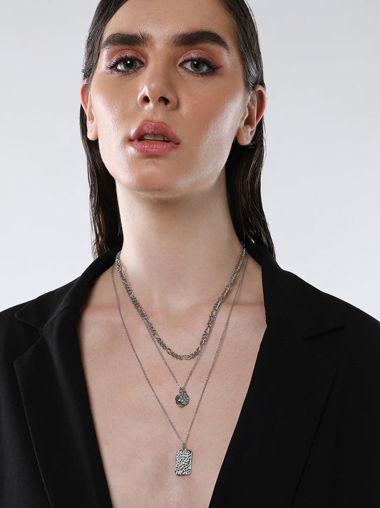 The Dented Charm Multi-Layer Necklace - Metallic Silver-SOHINC6050