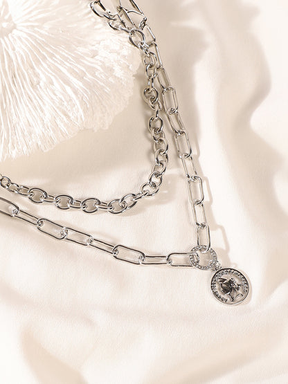 The Coin Chainlink Multi-Layer Necklace - Metallic Silver-SOHINC6052