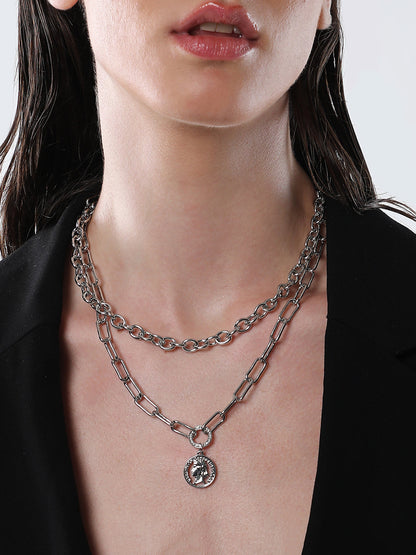 The Coin Chainlink Multi-Layer Necklace - Metallic Silver-SOHINC6052