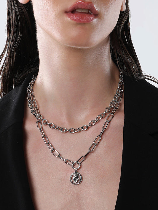 The Coin Chainlink Multi-Layer Necklace - Metallic Silver-SOHINC6052