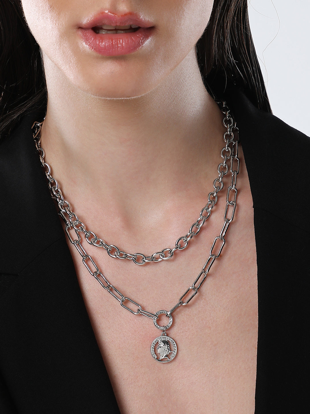 The Coin Chainlink Multi-Layer Necklace - Metallic Silver-SOHINC6052