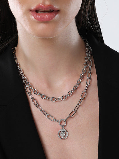 The Coin Chainlink Multi-Layer Necklace - Metallic Silver-SOHINC6052
