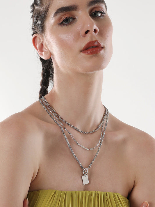 The Interlock Charm Multi-Layer Necklace - Metallic Silver-SOHINC6054
