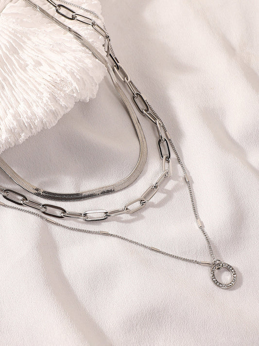 The Halo Snakechain Multi-Layer Necklace - Metallic Silver-SOHINC6055