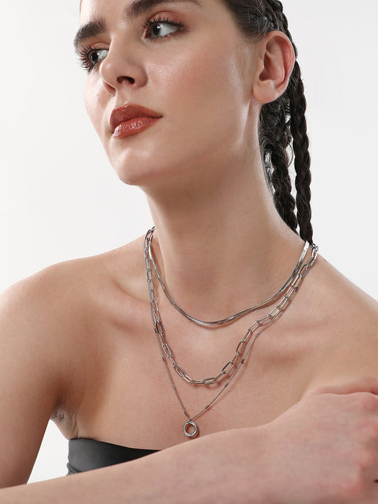 The Halo Snakechain Multi-Layer Necklace - Metallic Silver-SOHINC6055