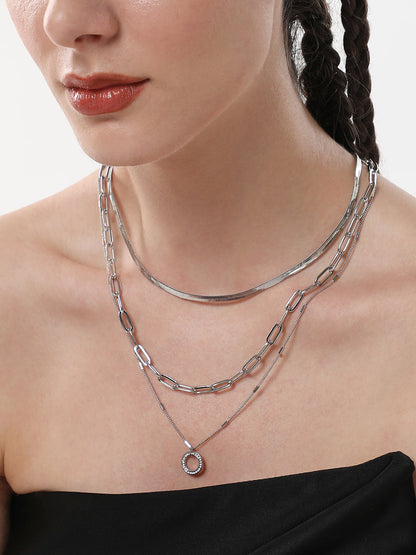 The Halo Snakechain Multi-Layer Necklace - Metallic Silver-SOHINC6055