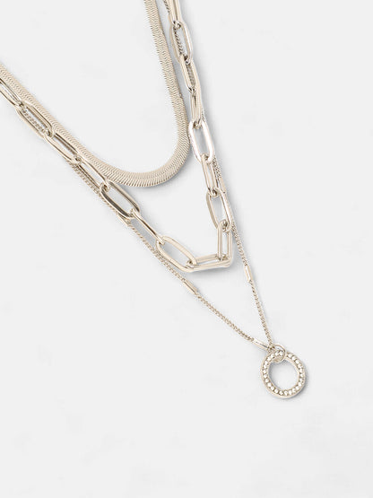 The Halo Snakechain Multi-Layer Necklace - Metallic Silver-SOHINC6055
