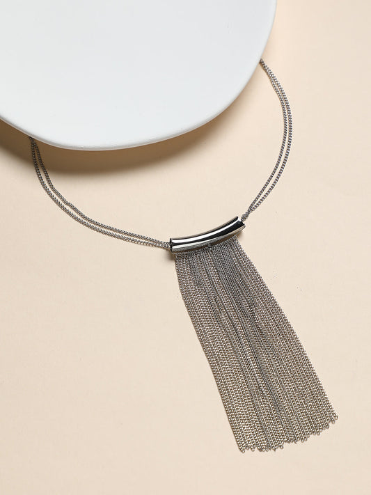 The Hanging Chain Bar Lariat Necklace - Metallic Silver-SOHINC6056