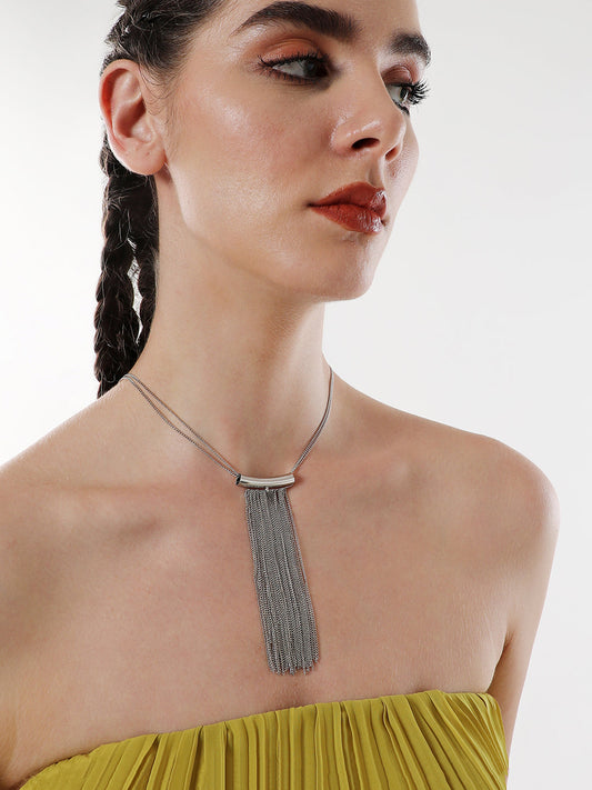 The Hanging Chain Bar Lariat Necklace - Metallic Silver-SOHINC6056