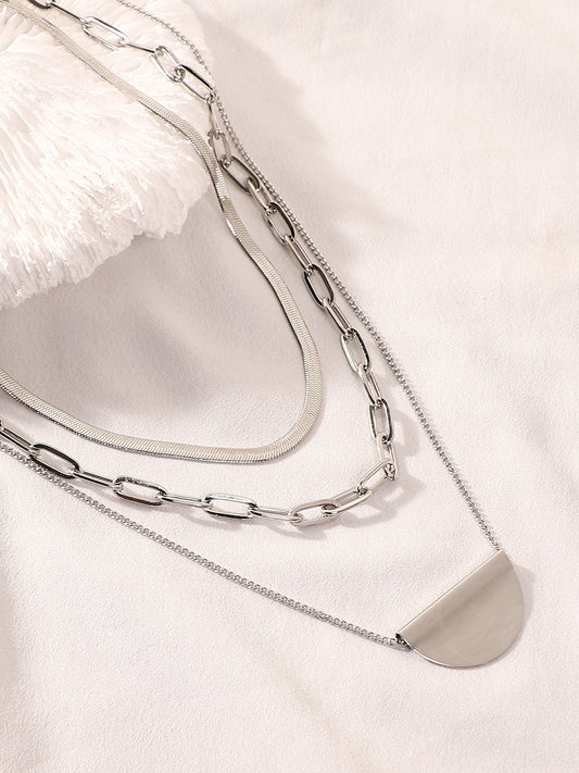 The Curve Chainlink Multi-Layer Necklace - Metallic Silver-SOHINC6067