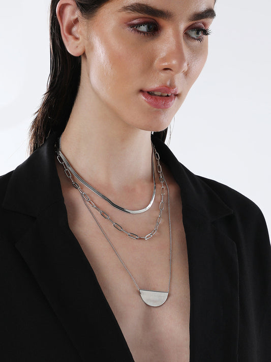 The Curve Chainlink Multi-Layer Necklace - Metallic Silver-SOHINC6067
