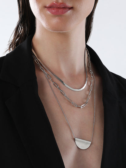 The Curve Chainlink Multi-Layer Necklace - Metallic Silver-SOHINC6067