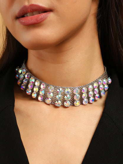 The Bijou Mesh Choker Necklace - Metallic Silver-SOHINC6256