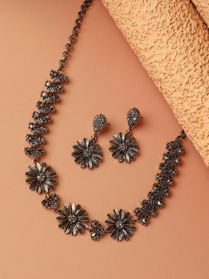 Gold-Plated Crystal-Stones Studded Daisy Statement Jewellery Set