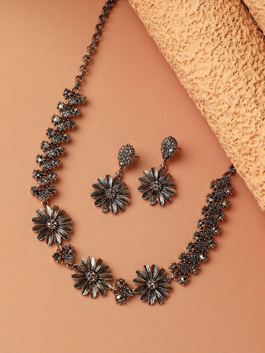 Gold-Plated Crystal-Stones Studded Daisy Statement Jewellery Set