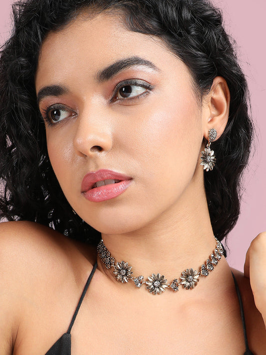 Gold-Plated Crystal-Stones Studded Daisy Statement Jewellery Set