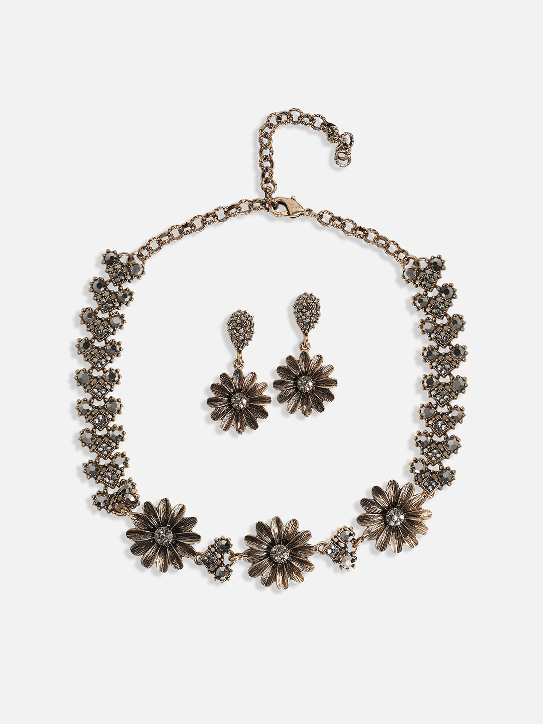 Gold-Plated Crystal-Stones Studded Daisy Statement Jewellery Set