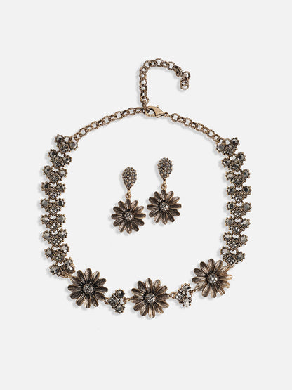 Gold-Plated Crystal-Stones Studded Daisy Statement Jewellery Set