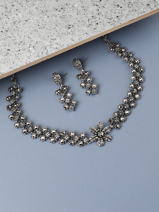 Silver-Plated Crystal-Studded Daisy Jewellery Set