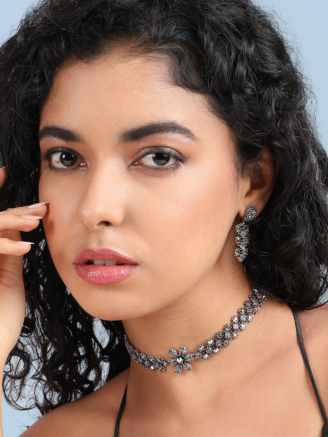 Silver-Plated Crystal-Studded Daisy Jewellery Set