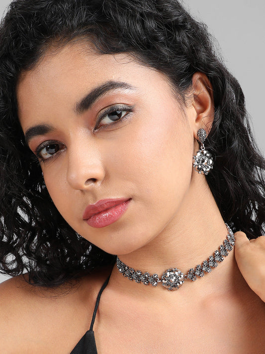 Silver-Plated Artificial Stones Studded Choker Jewellery Set
