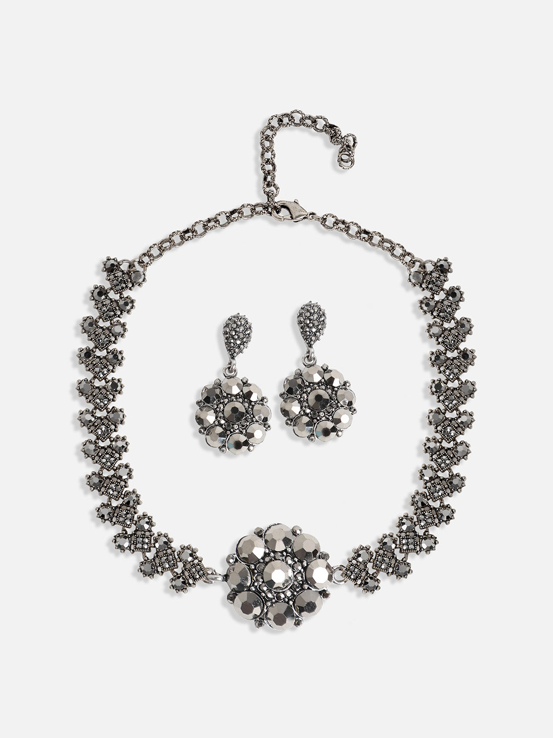 Silver-Plated Artificial Stones Studded Choker Jewellery Set