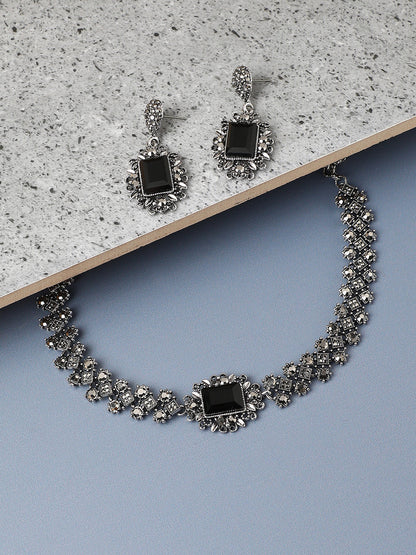Silver-Plated Crystals Studded Necklace Earrings