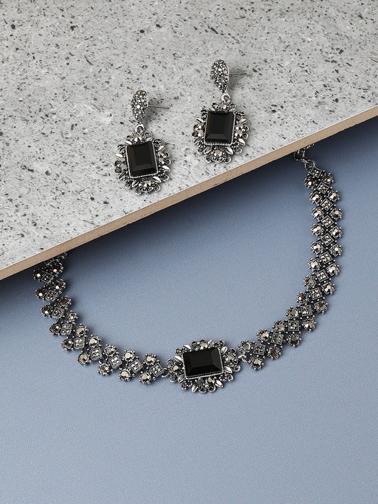 Silver-Plated Crystals Studded Necklace Earrings
