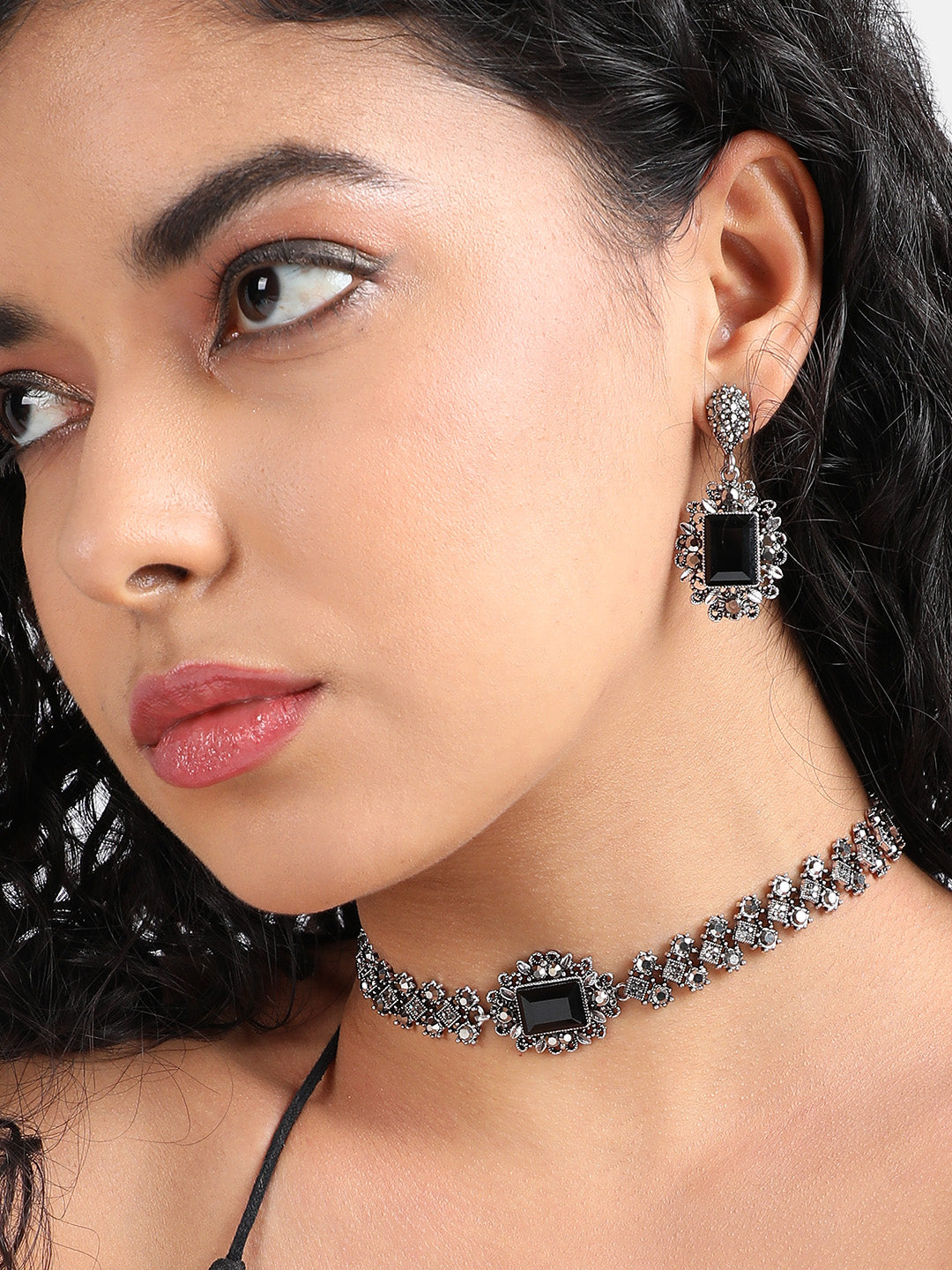 Silver-Plated Crystals Studded Necklace Earrings