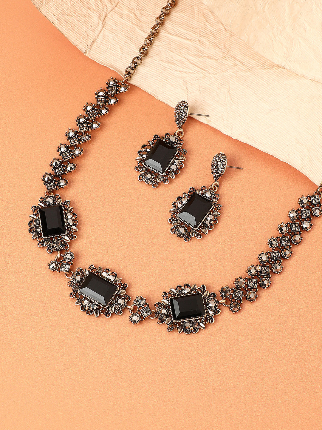 Gold-Plated Crystals Studded Necklace Earrings