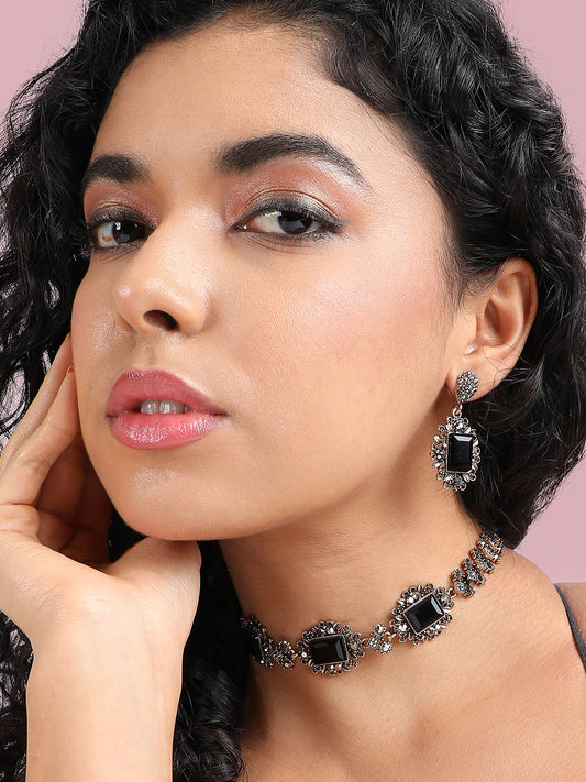 Gold-Plated Crystals Studded Necklace Earrings