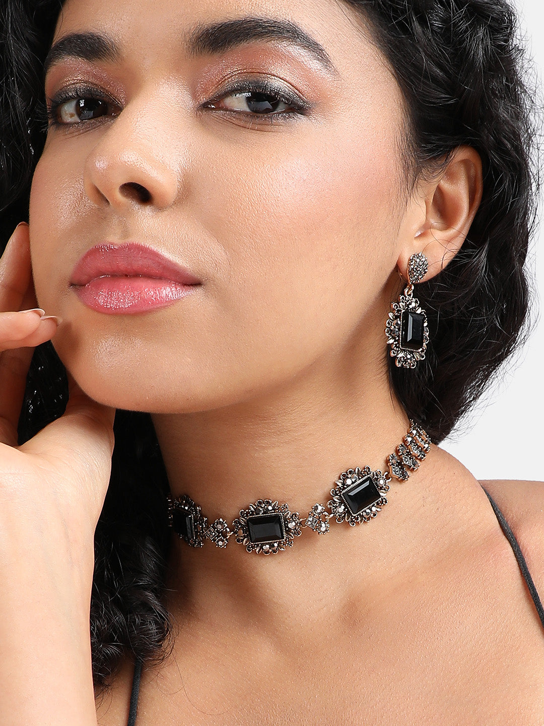 Gold-Plated Crystals Studded Necklace Earrings