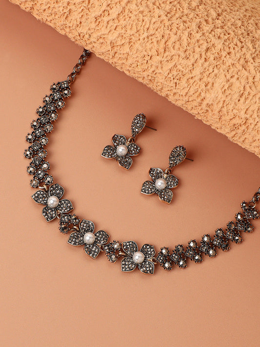 Gold-Plated Crystal-Stones Studded Flower Statement Jewellery Set
