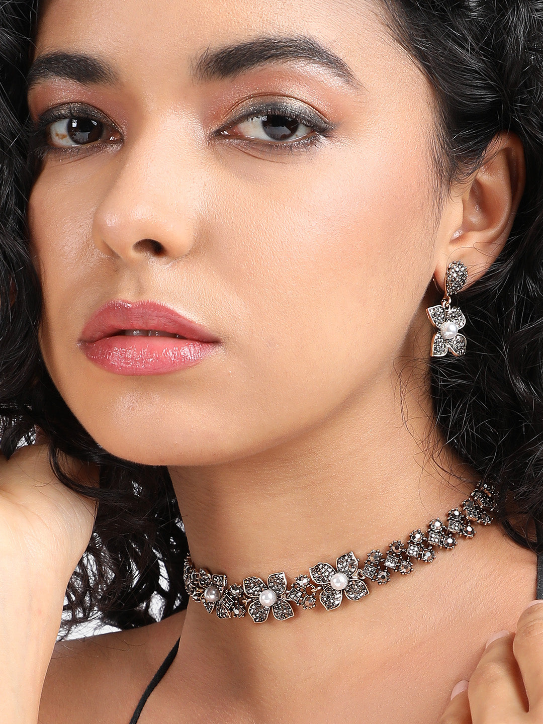 Gold-Plated Crystal-Stones Studded Flower Statement Jewellery Set