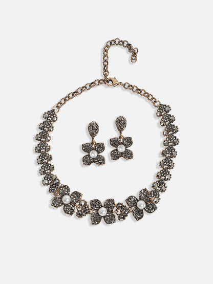 Gold-Plated Crystal-Stones Studded Flower Statement Jewellery Set