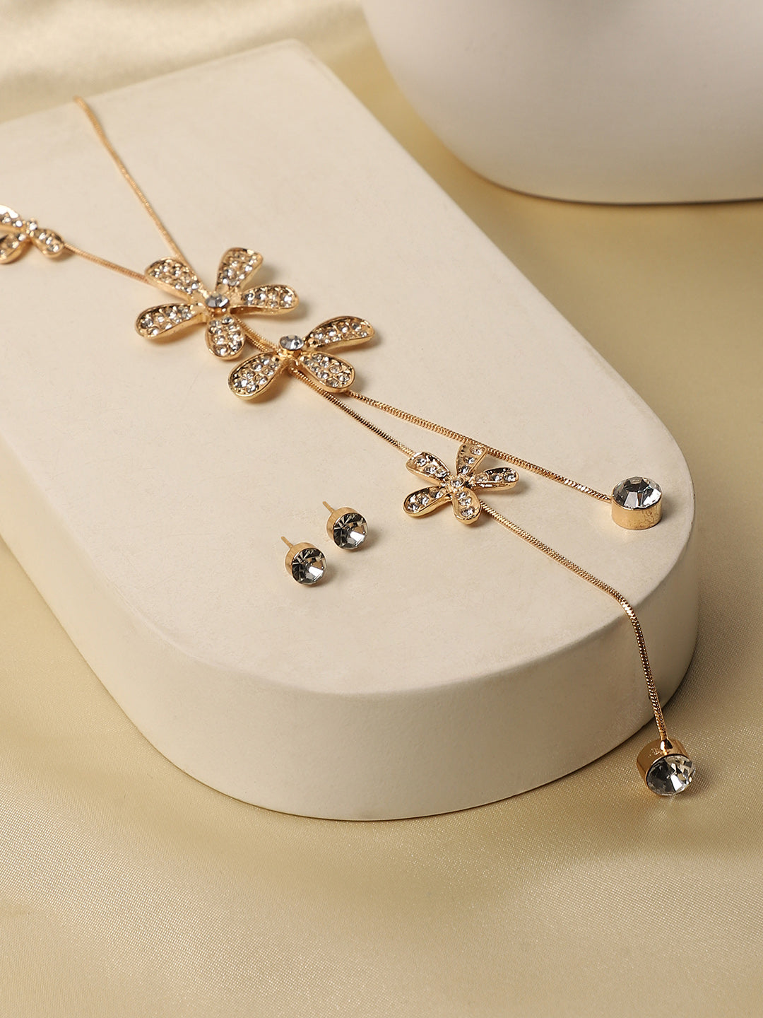 Gold-Plated Studded Designer Party Flower Drop Negligee Necklace