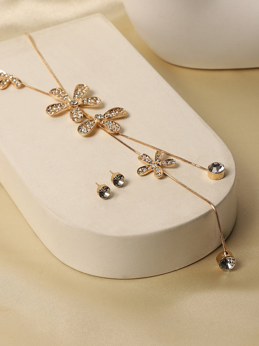 Gold-Plated Studded Designer Party Flower Drop Negligee Necklace