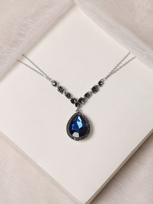 Blue Silver-Plated Stone-Studded Necklace