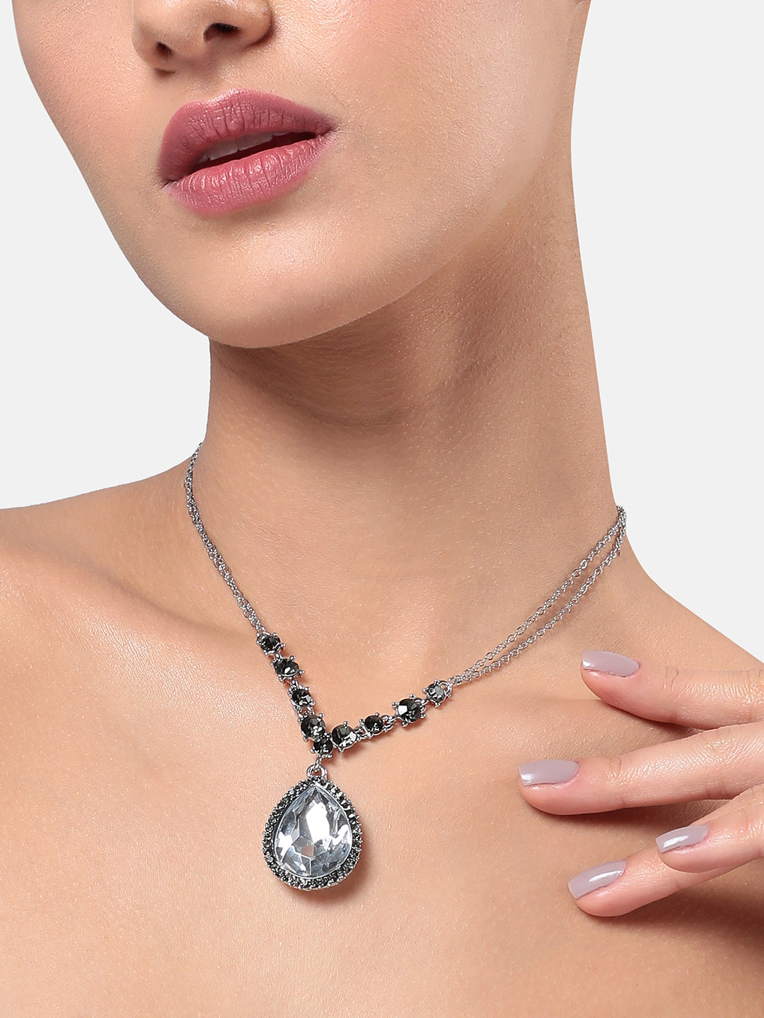 Silver Plated Stone Studded Beaded Chain