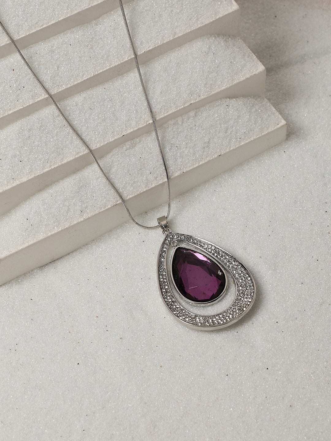 Silver-Plated Oval-Shaped Artificial Stones Studded Pendants With Chains