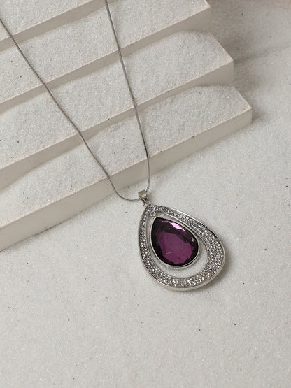 Silver-Plated Oval-Shaped Artificial Stones Studded Pendants With Chains