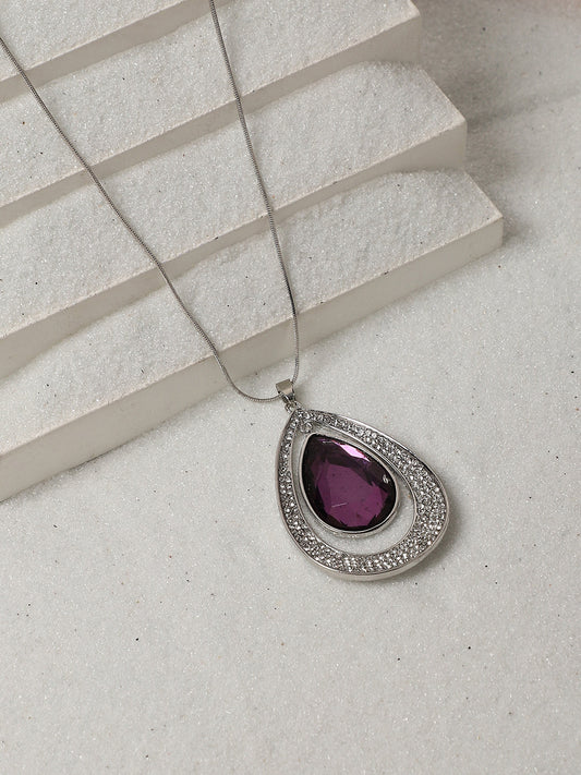 Silver-Plated Oval-Shaped Artificial Stones Studded Pendants With Chains