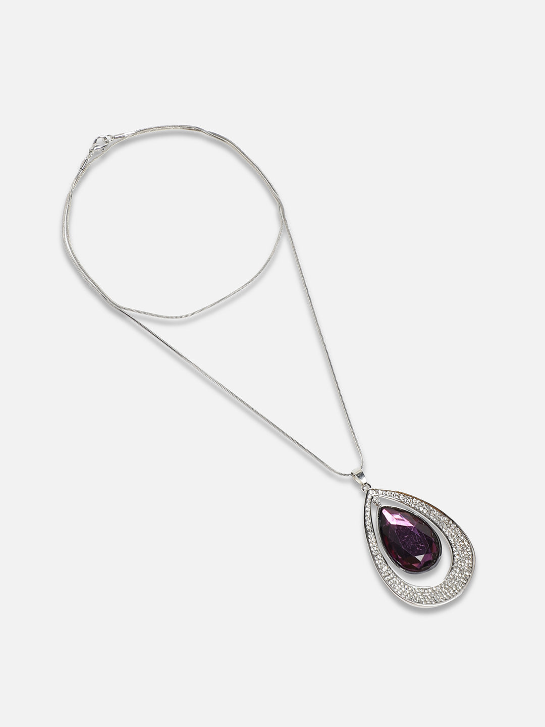 Silver-Plated Oval-Shaped Artificial Stones Studded Pendants With Chains