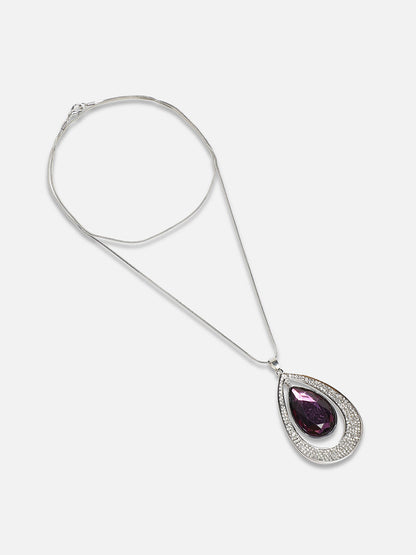 Silver-Plated Oval-Shaped Artificial Stones Studded Pendants With Chains