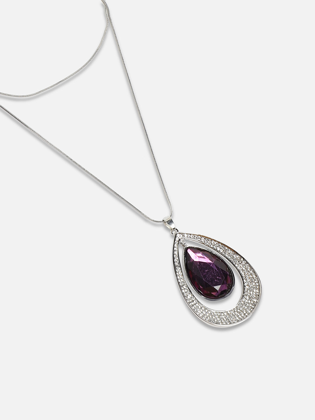 Silver-Plated Oval-Shaped Artificial Stones Studded Pendants With Chains