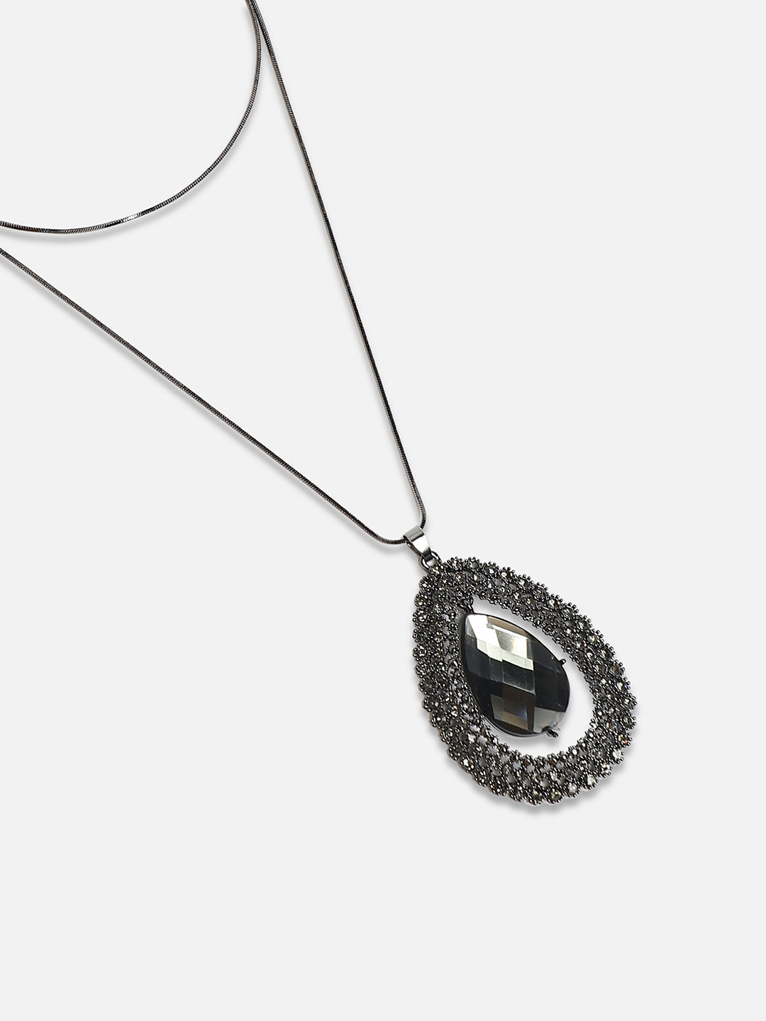 Silver-Plated Oval-Shaped Artificial Stones Studded Velvet Pendants With Chains