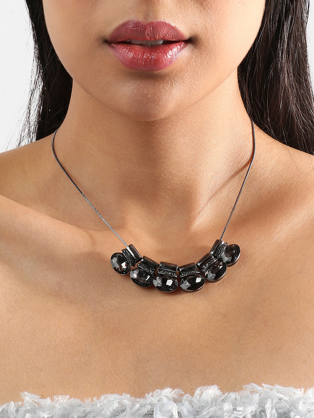 Black Silver-Plated Artificial Stones Studded Statement Necklace
