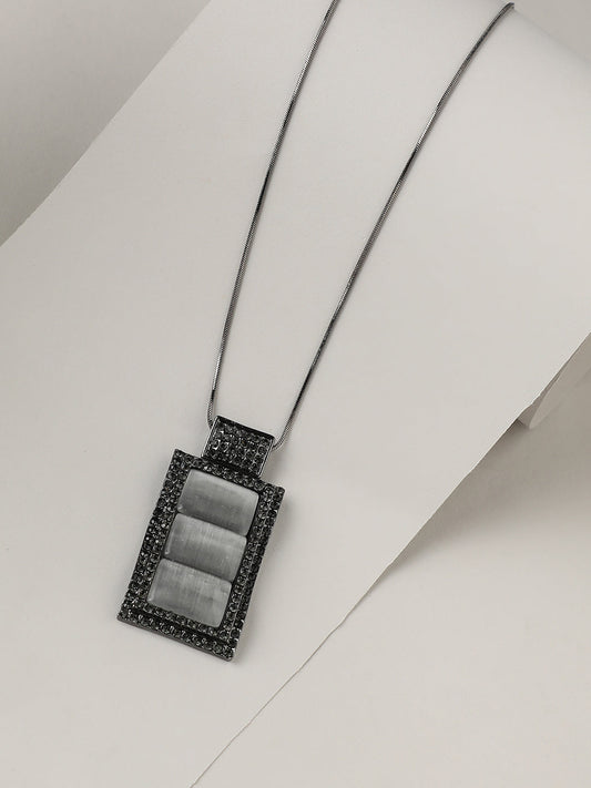 Silver-Plated Stones Studded Geometric Vista Pendant With Chain