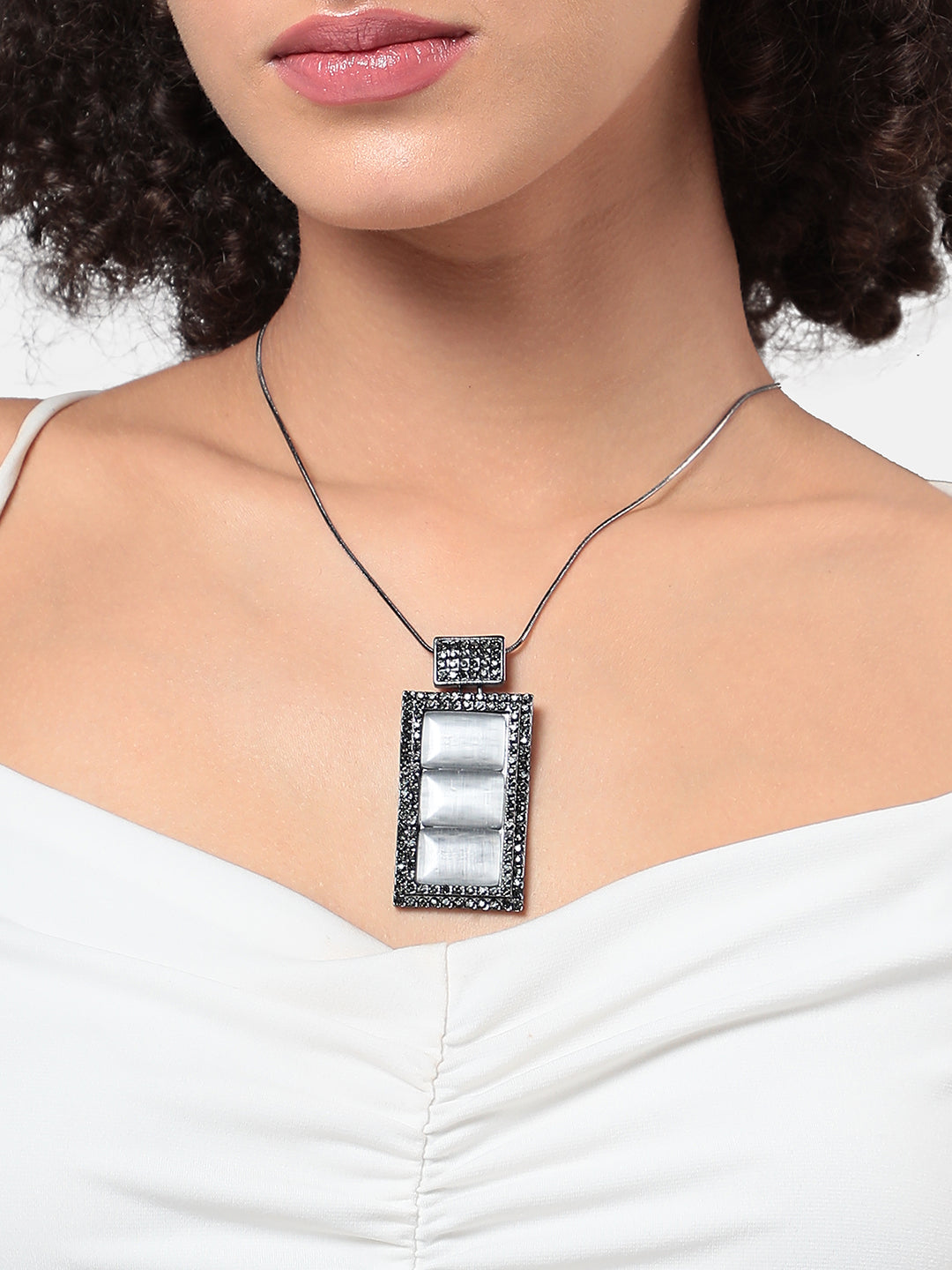 Silver-Plated Stones Studded Geometric Vista Pendant With Chain